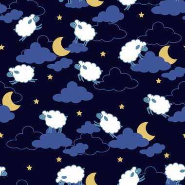 Bedtime Pattern with Dreamy Sheep and Night Sky. Perfect for sleep-themed designs, nursery textiles, kid pajamas, wallpapers, wrapping paper, and dreamy bedtime illustrations.