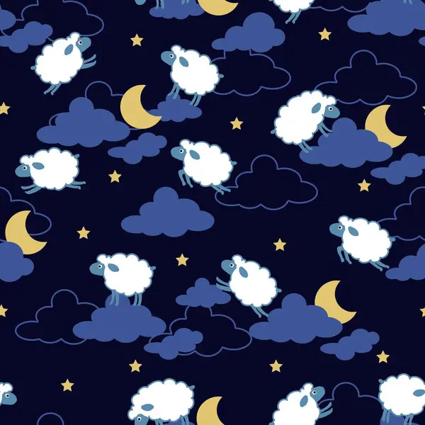 Bedtime Pattern with Dreamy Sheep and Night Sky. Perfect for sleep-themed designs, nursery textiles, kid pajamas, wallpapers, wrapping paper, and dreamy bedtime illustrations.