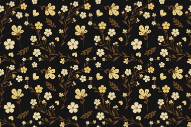 Siyah arka planda bej ve kahverengi çiçekli zarif çiçeksiz desen, klasik botanik tasarım, romantik doğadan esinlenilmiş tekstil baskısı