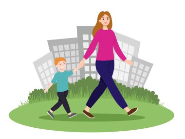 Anne ve oğlu parkta el ele yürüyor, gülümsüyor, birlikte eğleniyorlar. Kentsel aile hayatı, açık hava illüstrasyonu. Anneler Günü. Şehir parkında hafta sonu