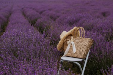 Canlı lavanta çiçekleriyle çevrili beyaz bir sandalyeye bir hasır şapka ve bir dokuma çantası yerleştirilir. Sahne, güzel bir kırsal alanda huzurlu bir anı yakalar..