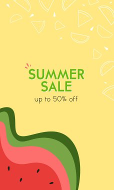 Renkli arka planlarda karpuz çizimleri olan dikey yaz indirimi afişleri. Sezonluk promosyonlar, reklamlar ve sosyal medya için parlak ve eğlenceli şablonlar.