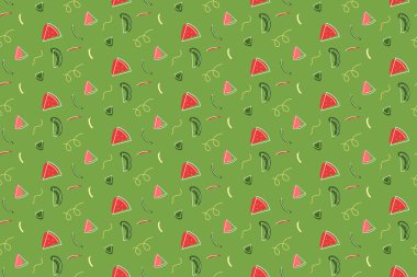 Yeşil arka planda çizilmiş karpuz dilimleriyle kusursuz bir yaz şablonu. Taze ve minimal meyve tasarımı, ambalaj, tekstil, duvar kağıdı ve dijital kullanım için mükemmel.
