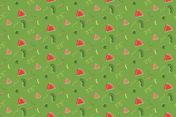 Yeşil arka planda çizilmiş karpuz dilimleriyle kusursuz bir yaz şablonu. Taze ve minimal meyve tasarımı, ambalaj, tekstil, duvar kağıdı ve dijital kullanım için mükemmel.