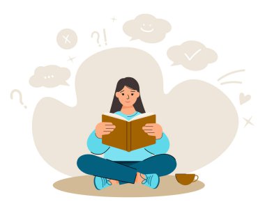 Genç bir kadın bacak bacak üstüne atmış ve soyut düşünce kabarcıkları olan bir kitap okuyor. Düz çizgi film stili, rahatlatıcı atmosfer, eğitim konsepti, odaklanma ve farkındalık.