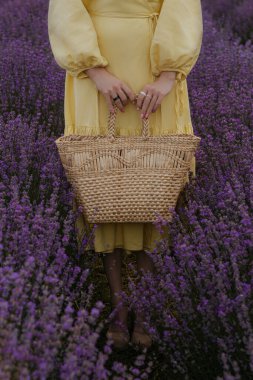 Lavanta tarlasında elinde dokuma sepetle uçan sarı elbiseli bir kadının romantik yaz sahnesi. Estetik kırsal alan seyahat, yaşam tarzı, doğa ve moda görselleri için ideal