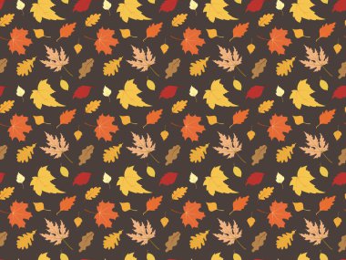 Kusursuz sonbahar yaprağı deseni ve koyu bir arka planda renkli sonbahar yaprakları. Mevsimlik tasarımlar, tekstil, duvar kağıtları, hediye paketi ve dekoratif projeler için mükemmel..