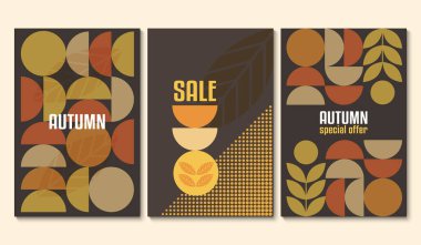 Soyut geometrik sonbahar satışı afişleri retro renkler, mevsimlik yapraklar ve minimum şekilli. Sonbahar promosyonları, posterler, el ilanları ve reklam tasarımları için mükemmel..