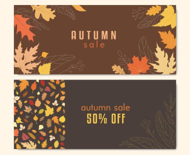 Sonbahar indirimi afişi, renkli sonbahar yaprakları ve koyu arkaplanda zarif çizgiler. Mevsimlik promosyonlar, indirimler, el ilanları, posterler ve internet reklamları için mükemmel..