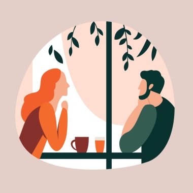 Adam ve kadın romantik kafede oturuyor. Sevgililer günü. Vektör çizim