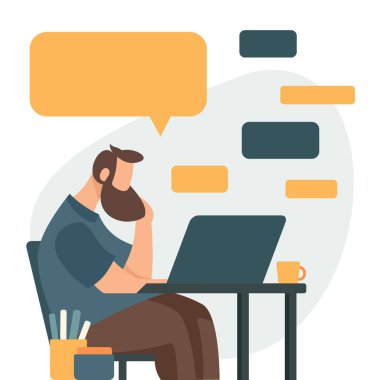 Ev vektörü düz stil illüstrasyonunda çalışıyorum. Çevrimiçi kariyer. Ortak çalışma alanı çizimi. Evde bilgisayar ya da dizüstü bilgisayarda çalışan genç adamlar. Evde, karantinada çalış.