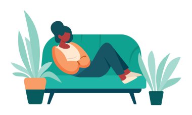 Women resting relaxing at home vector flat illustration. Resting at home concept. Vector relaxing concept