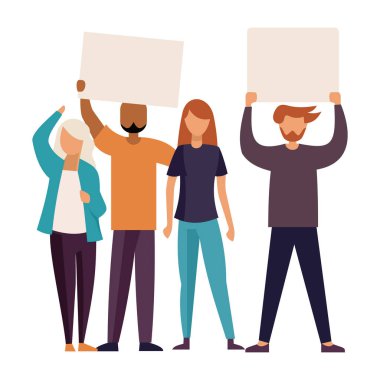 Men and women are holding a blank placard with space for text. Different people stand with empty signs in their hands and protest