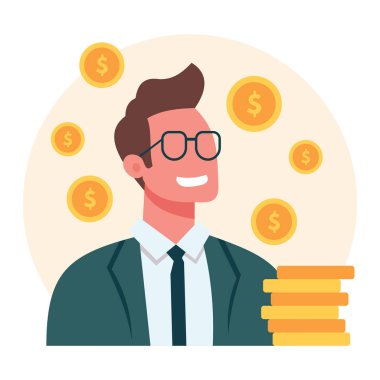 Happy rich investor with money flat vector concept. Male trader rejoices in money profit. Success, stock market concept for banner, website design or landing web