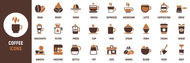 Kahve ikonu seti. İçinde fasulye, rosto, bira, espresso, latte, fincan, bardak, barista, makine, aroma, aroma ve daha fazlası var. Vektör simgeleri koleksiyonu