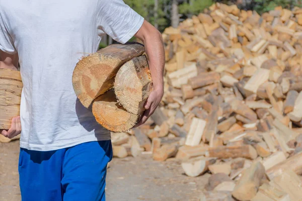Man carrying wood logs from firewood pile against blurred background with copy space. Faceless person holding firewood burning material