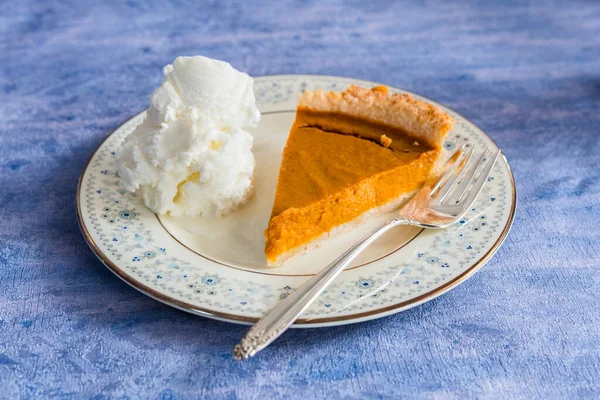 Slice Pumpkin Pie Vanilla Ice Cream Plate Thanksgiving Background Stock Image