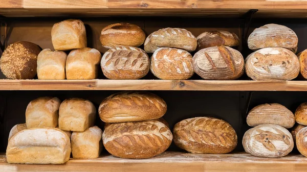 Loaf Fresh Baked Bread Shelf Loaves Bread Market Showcase Stock Photo