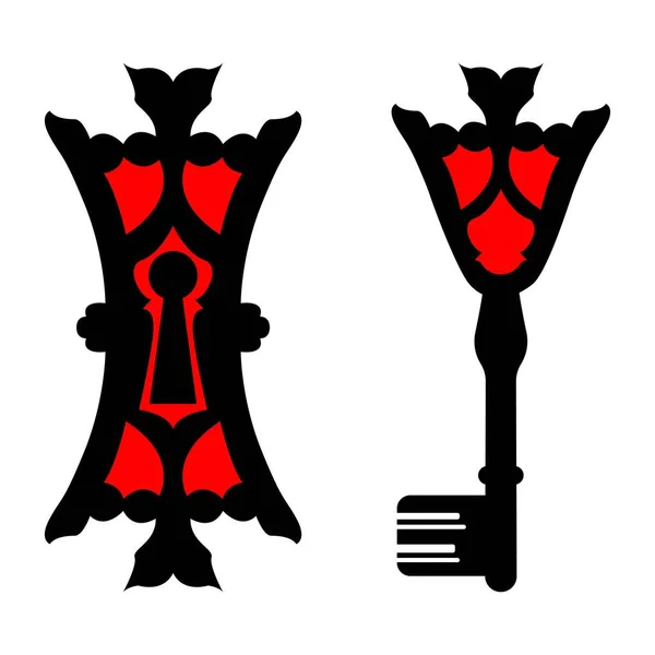 Schlüssel Und Schlüsselloch Klassischen Vintage Stil Schwarze Silhouette Mit Roter — Stockvektor