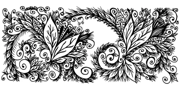 Gráfico Redemoinhos Ornamento Monocromático Com Flores Abstratas Decorativo Doodle Fundo —  Vetores de Stock