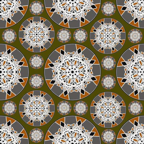 seamless pattern of multi-colored shapes based on mandalas