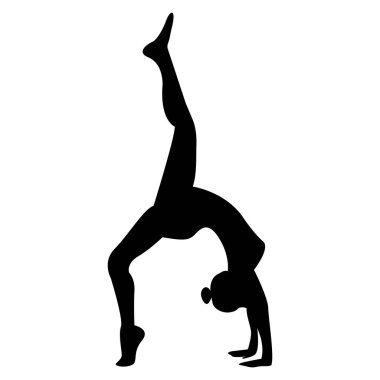Bir jimnastikçinin siyah vektör silueti tek ayak ve el üzerinde baş aşağı duran pozisyonda.