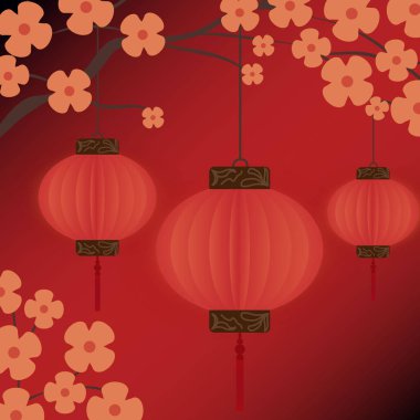 Çin fenerleri Ay 'ın yeni yılını kutlamak için kiraz ağaçlarına asılır.