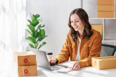 Paket teslimatı ve çevrimiçi satış kavramı, kadın satıcı veya perakendecinin günün satışlarını kontrol etmek için online mağaza kullanması ve paketlenip müşteriye teslim edilmeye hazır olması.
