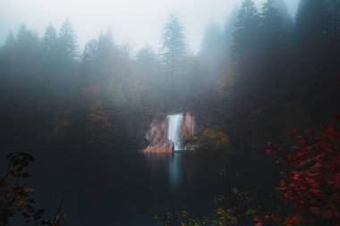 Hırvatistan 'daki Plitvice Gölleri Ulusal Parkı' ndaki yalnız bir şelalenin kasvetli ve sisli doğa manzarası