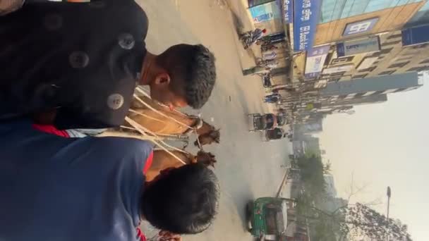 Deux Jeunes Hommes Montent Sur Une Charrette Tirée Par Deux — Video