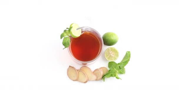 Lemon Tea Transparent Glass Cup Whole Sliced Lemon Ginger Mint — Stock Video