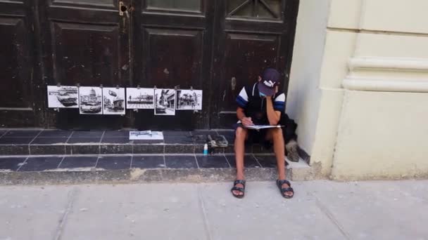 Muž Kreslí Portrét Ulici Havaně Kuba Jezdec — Stock video