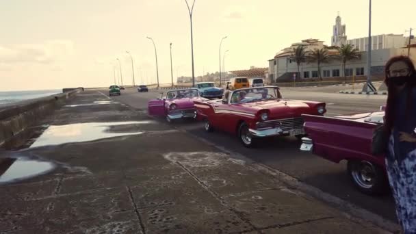 Classic Red Convertible Cars Parked Promenade Coastal Road Havana Cuba — Stock Video