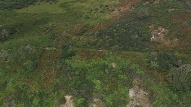 Luchtfoto Van Wandelaars Het Zuidwestelijke Kustpad Tussen Stad Looe Het — Stockvideo