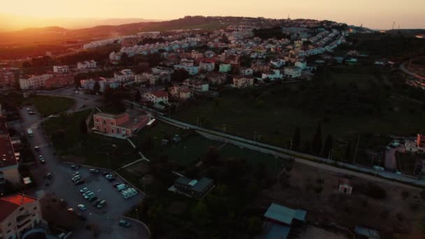 Aerial View Overlooking Modern Neighborhood Matera Dramatic Sunset Italy — Stock Video