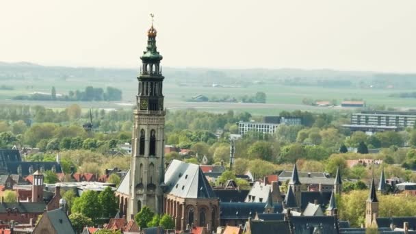 Повітряний Постріл Старовинної Церкви Дзвіницею Абатством Прекрасному Місті Мідделбург Нідерланди — стокове відео