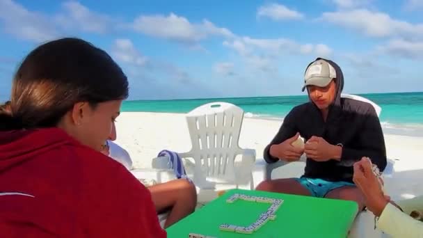 Φιλοι Παιξτε Domino Παιχνίδι Στο Πράσινο Τραπέζι Πικνίκ Caribbean Beach — Αρχείο Βίντεο