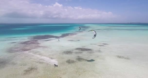Aerial Tracking Man Kitesurfing Friends Caribbean Turquoise Sea Los Roques — Stock Video