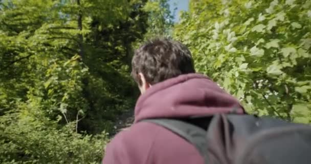 Fotocamera Che Segue Giovane Escursionista Dietro Camminando Una Montagna Sentiero — Video Stock