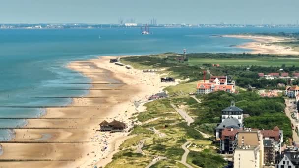 卡德佐德 荷兰海滨度假胜地 夏天海滩上的人和海岸上的酒店的无人机景观 — 图库视频影像