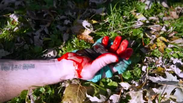 トップダウンビュー入れ墨の腕を持つ男は秋の葉の間で緑の草の中に落ちる 血の手とともに痙攣コンセプト — ストック動画