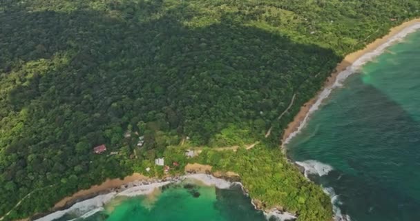 ボカス パナマ航空V10シネマティック フライオーバー パンチ半島 傾きアップは ターコイズブルーの海と熱帯林を持つ崖のビーチの海岸線の景色を明らかにします マヴィックで撮影3 Cine 2022年4月 — ストック動画