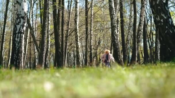 Kaukázusi Lány Egy Parkban Pórázon Futva Kutyájával Alacsony Széles Szög — Stock videók