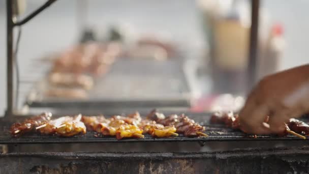 Thai Street Food Woman Flipping Barbecue Skewers Griller Charcoal Англійською — стокове відео
