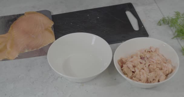 Close Slow Motion Shot Chef Cutting Some Fish Placing Bowl — Stock Video