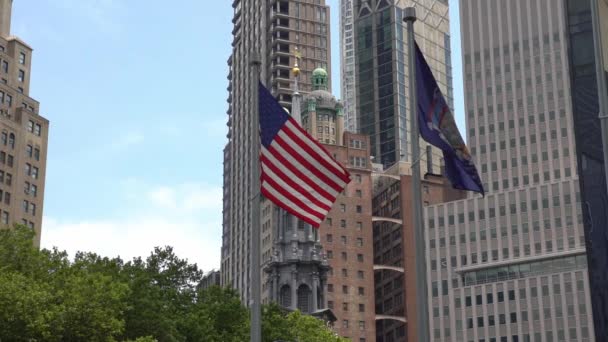 Amerikaanse Vlag New Yorkse Staatsvlag Tegen Een Achtergrond Van Manhattan — Stockvideo