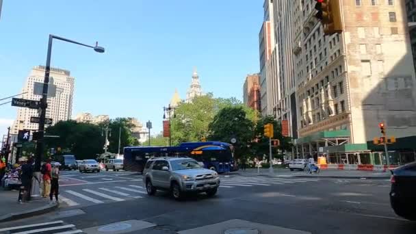 Personas Que Esperan Cruzar Carril Peatonal Con Vehículos Que Pasan — Vídeo de stock