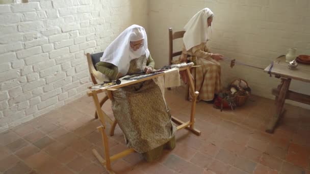 黒生地に金と銀の糸でステッチを作る女性 北欧中世の刺繍 ワイド — ストック動画