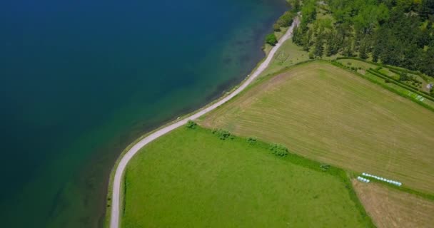 Veduta Aerea Drone Strada Sporca Sulle Rive Del Lago Sete — Video Stock