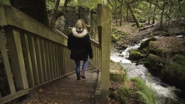 Female Tourist Explore Kennall Vale Nature Reserve Historic Site Ponsanooth — Video Stock